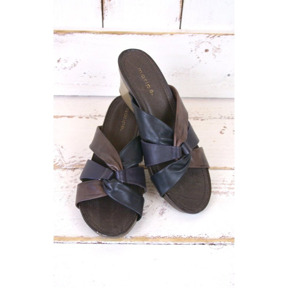 Black and brown strappy leather open toe vintage wedge mule sandals